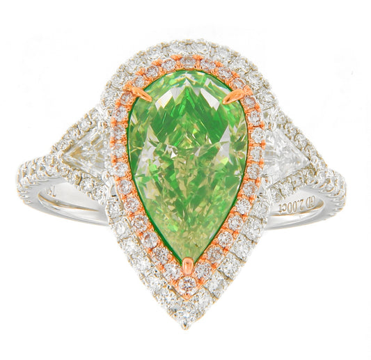 2.00CT GREEN DIAMOND PEAR RING GIA