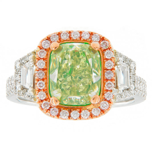 3.09CT ELONGATED CUSHION GREEN DIAMOND RING GIA