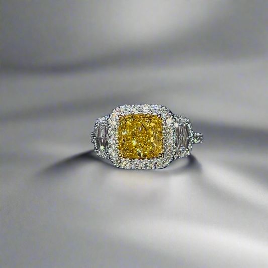 3.00CT VIVID YELLOW CUSHION CUT DIAMOND 3 STONE RING