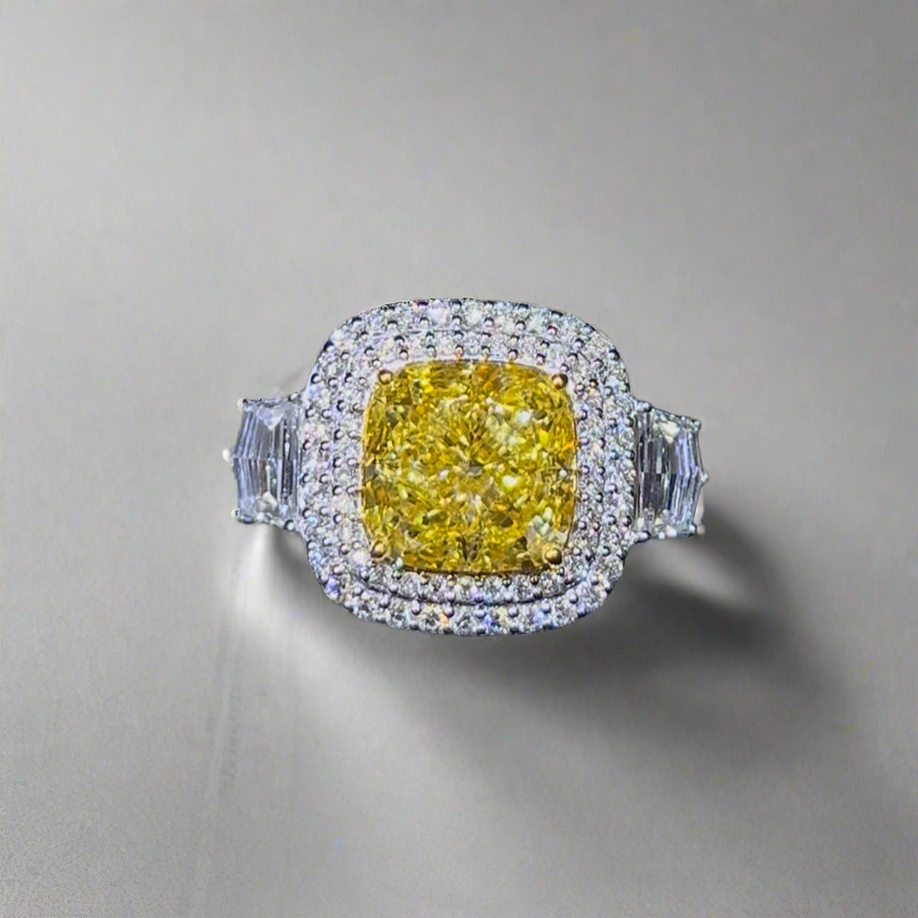 4.00CT VIVID YELLOW CUSHION CUT DIAMOND 3 STONE RING