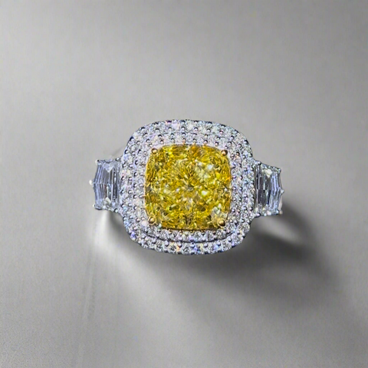 4.00CT VIVID YELLOW CUSHION CUT DIAMOND 3 STONE RING