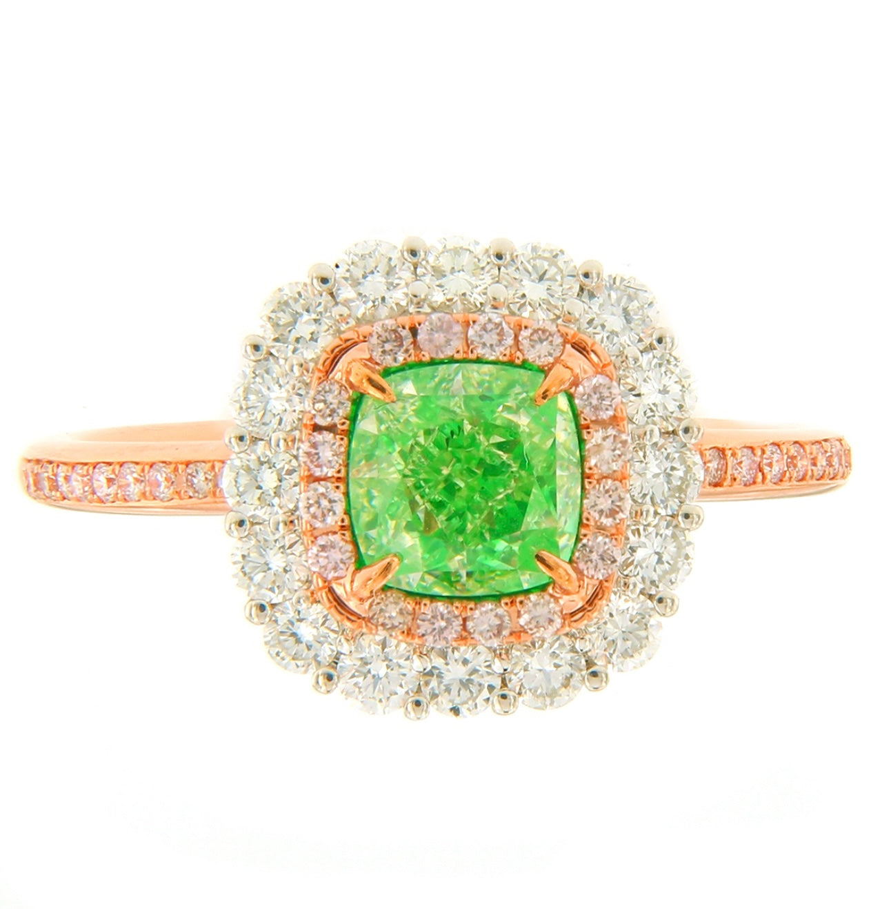 1.11CT INTERNALLY FLAWLESS GREEN CUSHION DIAMOND RING GIA