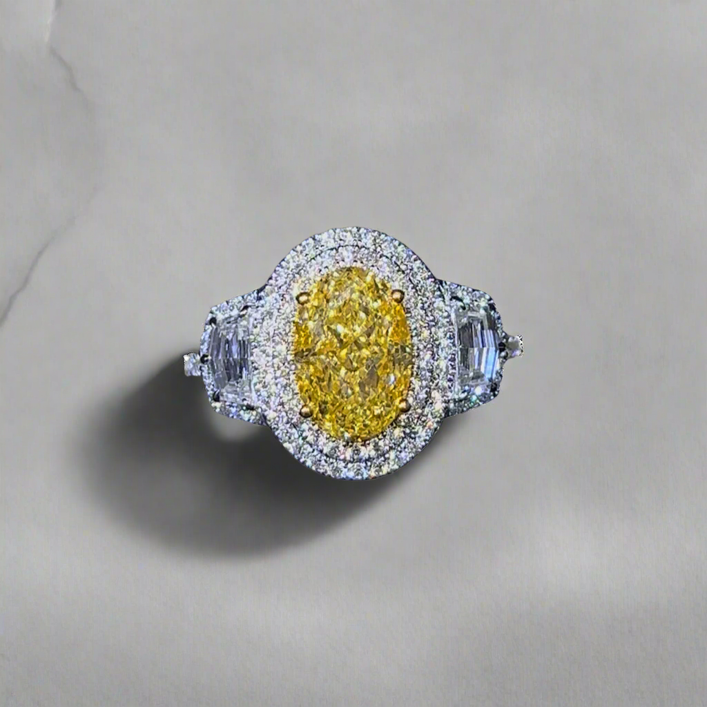 2.50CT VIVID YELLOW OVAL CUT DIAMOND 3 STONE RING