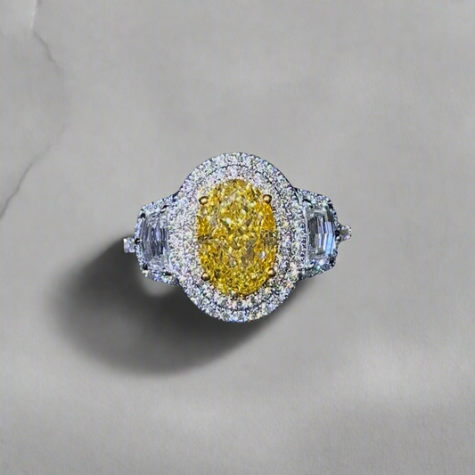 2.50CT VIVID YELLOW OVAL CUT DIAMOND 3 STONE RING