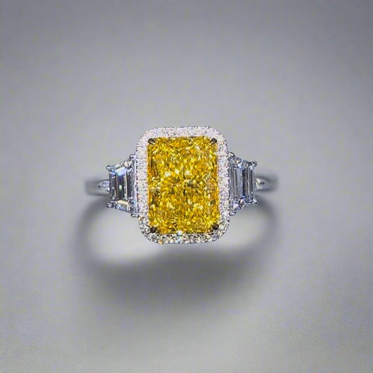 5.50CT VIVID YELLOW RADIANT CUT DIAMOND 3 STONE RING