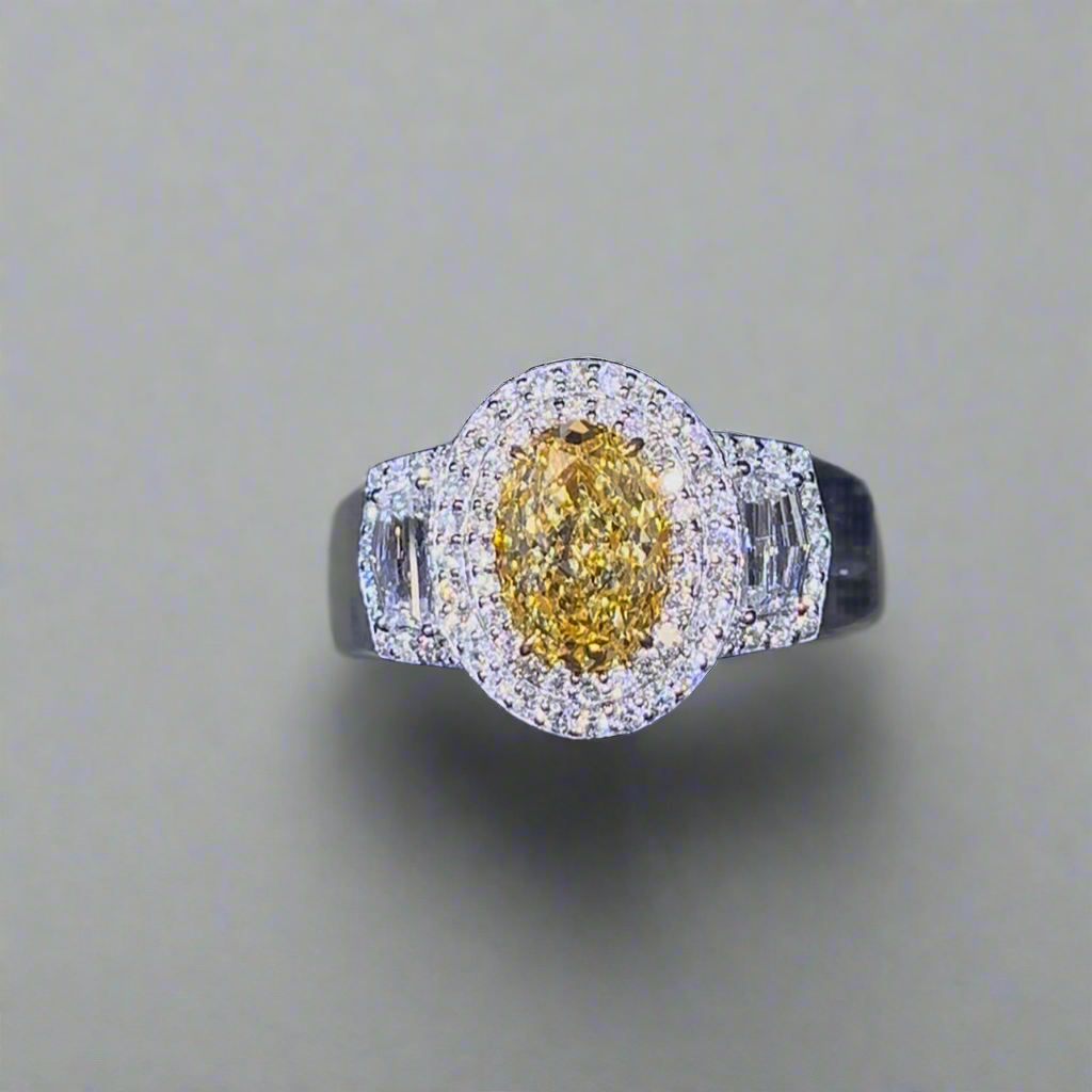 1.50CT VIVID YELLOW OVAL CUT DIAMOND 3 STONE RING