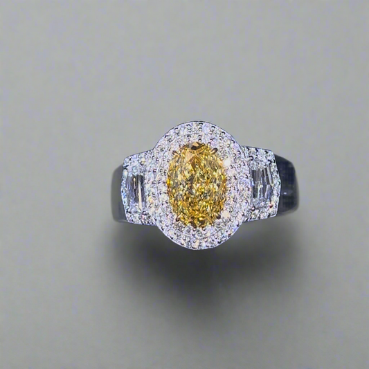 1.50CT VIVID YELLOW OVAL CUT DIAMOND 3 STONE RING