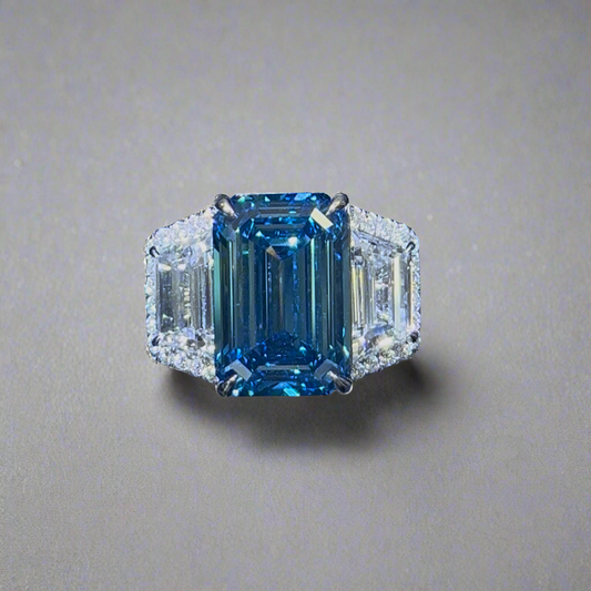 7.00CT VIVID BLUE EMERALD CUT DIAMOND 3 STONE RING