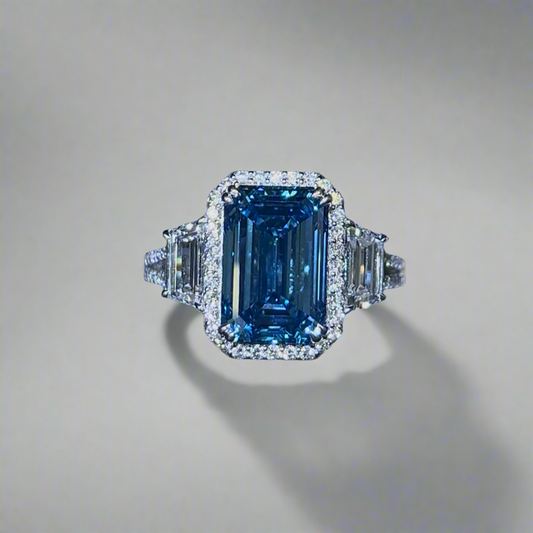 5.00CT VIVID BLUE EMERALD CUT DIAMOND 3 STONE RING