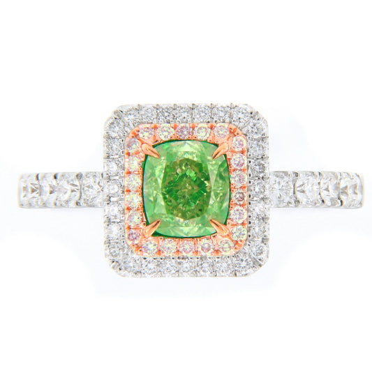 1.00CT ELONGATED CUSHION GREEN DIAMOND RING GIA