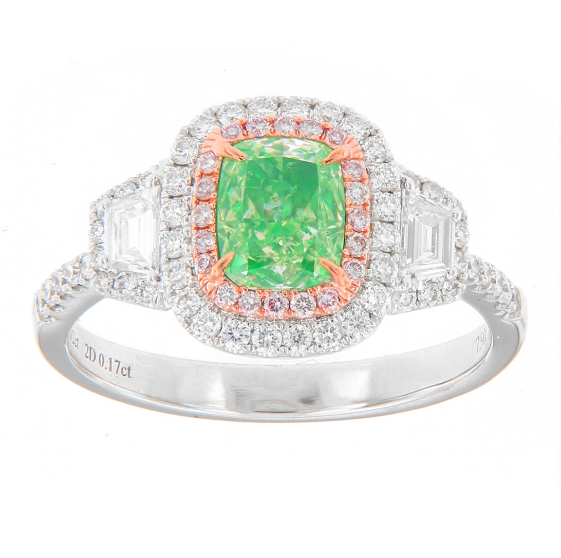 1.02CT ELONGATED CUSHION GREEN DIAMOND RING GIA