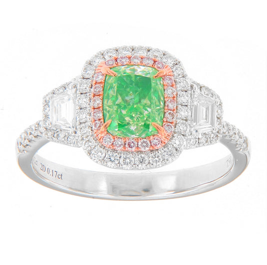 1.02CT ELONGATED CUSHION GREEN DIAMOND RING GIA