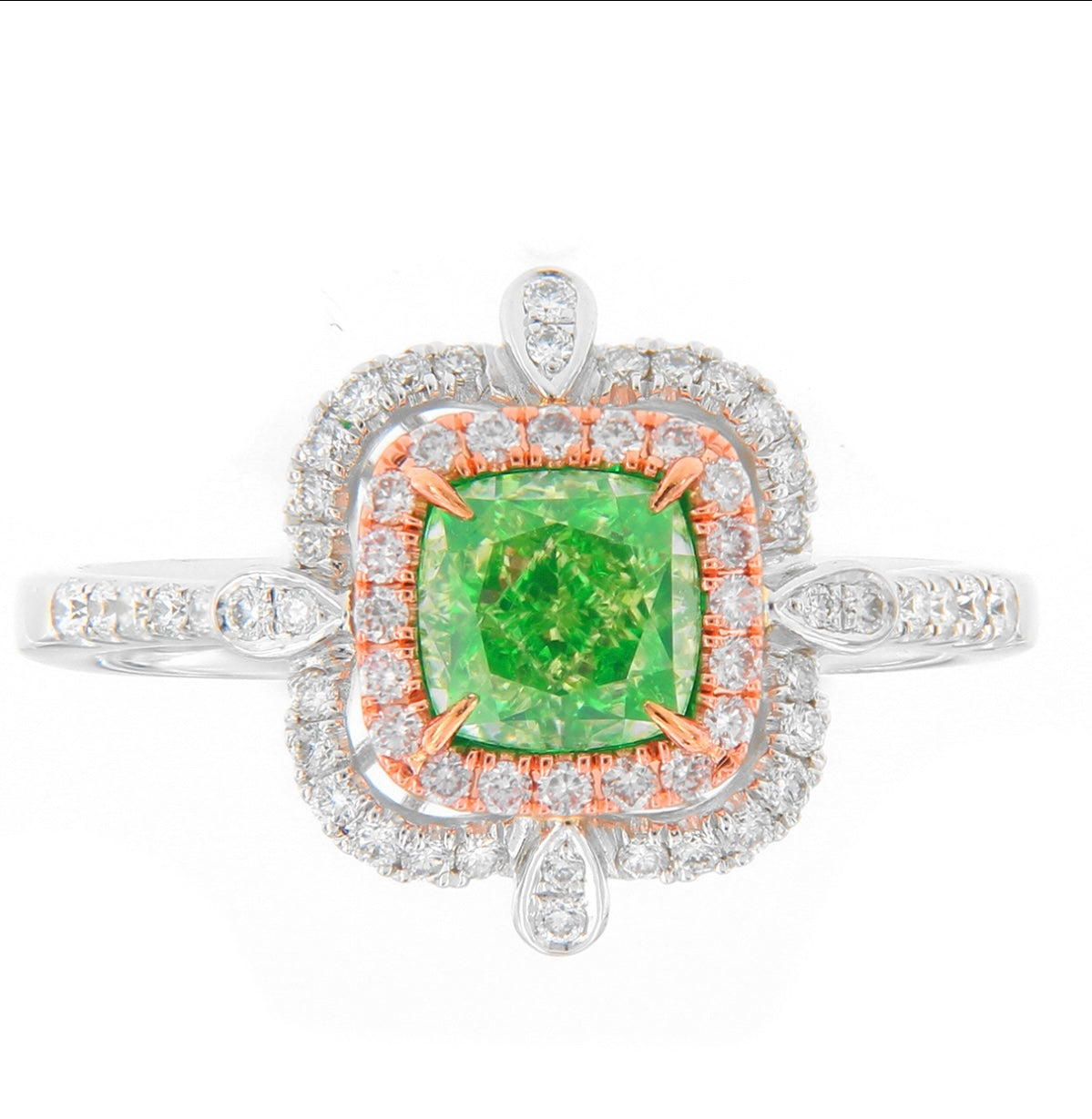 1.11CT GREEN CUSHION DIAMOND RING GIA