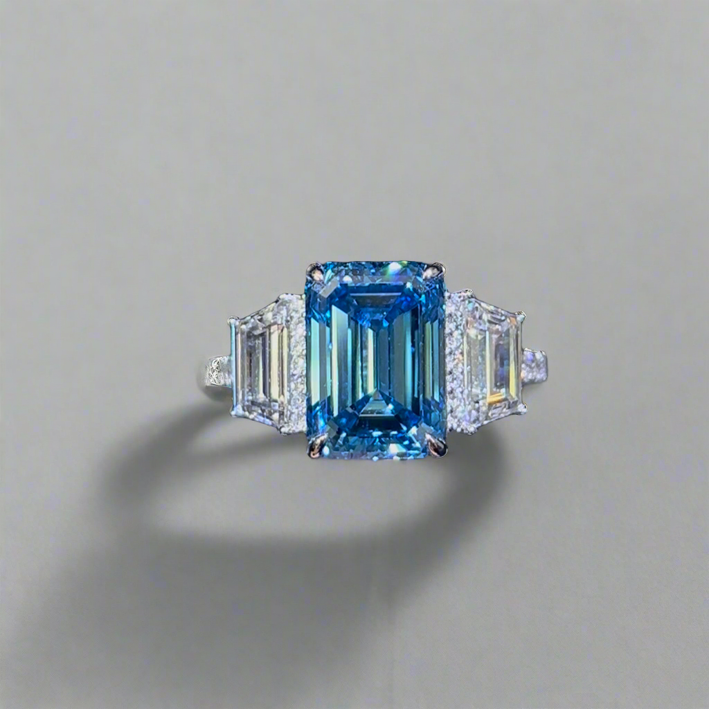 5.00CT VIVID BLUE EMERALD CUT DIAMOND 3 STONE RING