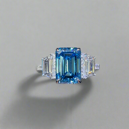 5.00CT VIVID BLUE EMERALD CUT DIAMOND 3 STONE RING