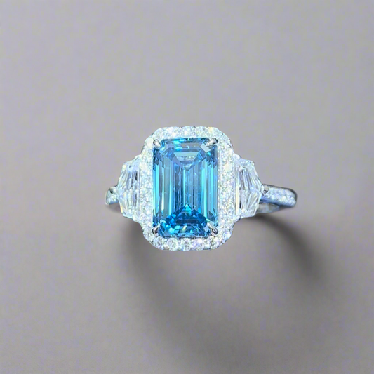 3.00CT VIVID BLUE EMERALD CUT DIAMOND 3 STONE RING