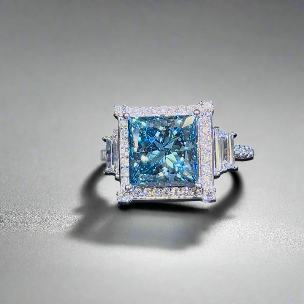 5.00CT VIVID BLUE PRINCESS CUT DIAMOND 3 STONE RING