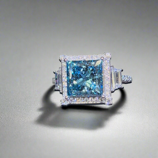 5.00CT VIVID BLUE PRINCESS CUT DIAMOND 3 STONE RING