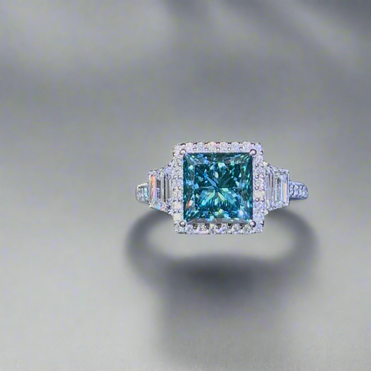 3.00CT VIVID BLUE PRINCESS CUT DIAMOND 3 STONE RING