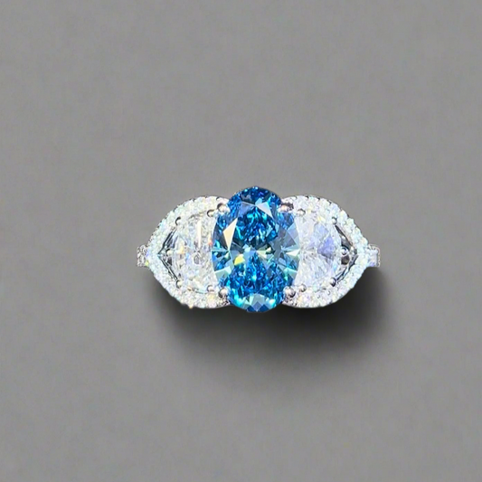 2.00CT VIVID BLUE DIAMOND OVAL CUT 3 STONE RING