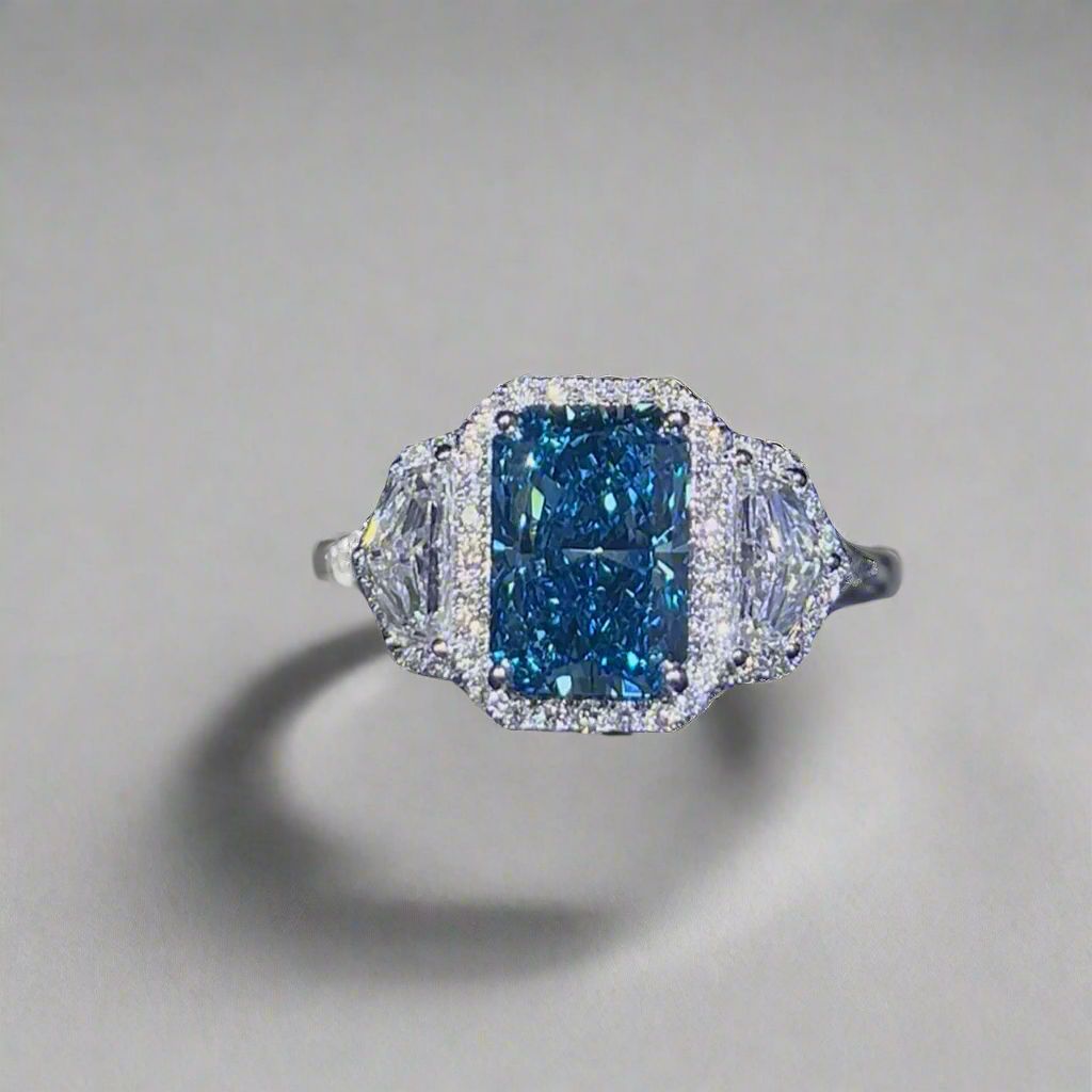 3.00CT VIVID BLUE RADIANT CUT DIAMOND 3 STONE RING