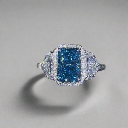 3.00CT VIVID BLUE RADIANT CUT DIAMOND 3 STONE RING