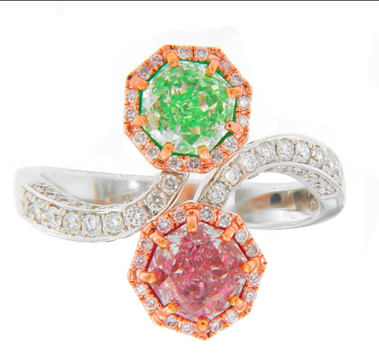 TOI ET MOI OCTAGON GREEN AND PINK DIAMOND RING GIA