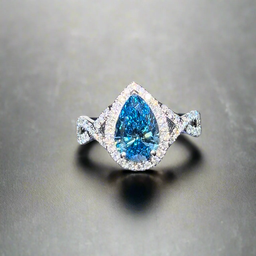2.00CT VIVID BLUE PEAR CUT DIAMOND RING