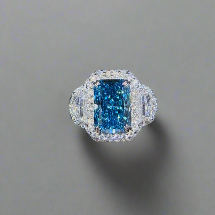3.00CT VIVID BLUE RADIANT CUT DIAMOND 3 STONE RING