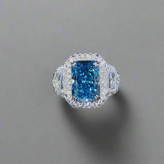 3.00CT VIVID BLUE RADIANT CUT DIAMOND 3 STONE RING