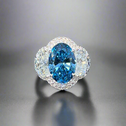 4.00CT VIVID BLUE OVAL CUT DIAMOND 3 STONE RING