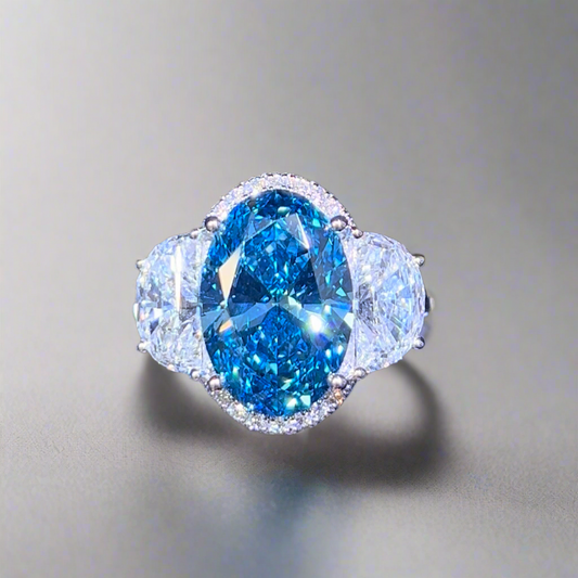 6.00CT VIVID BLUE OVAL CUT DIAMOND 3 STONE RING