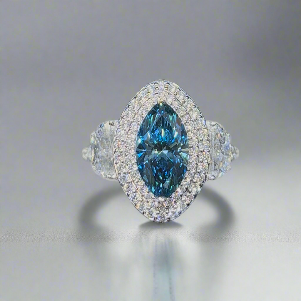 2.00CT VIVID BLUE MARQUISE CUT DIAMOND 3 STONE RING
