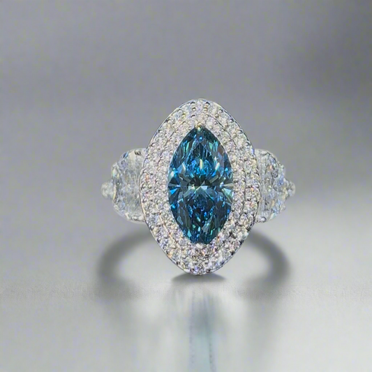 2.00CT VIVID BLUE MARQUISE CUT DIAMOND 3 STONE RING