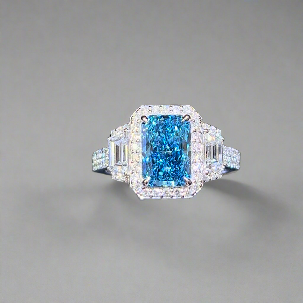 2.00CT VIVID BLUE RADIANT CUT DIAMOND 3 STONE RING