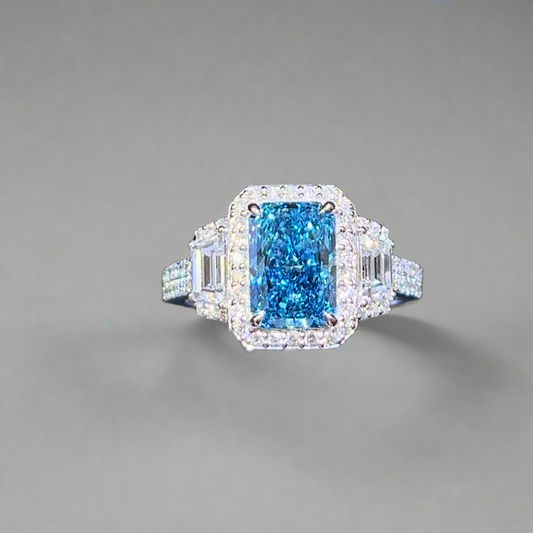 2.00CT VIVID BLUE RADIANT CUT DIAMOND 3 STONE RING