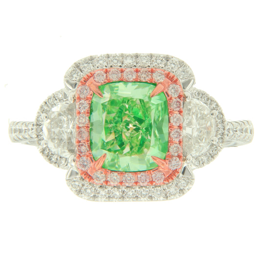 1.65CT VVS2 ELONGATED CUSHION GREEN DIAMOND RING GIA