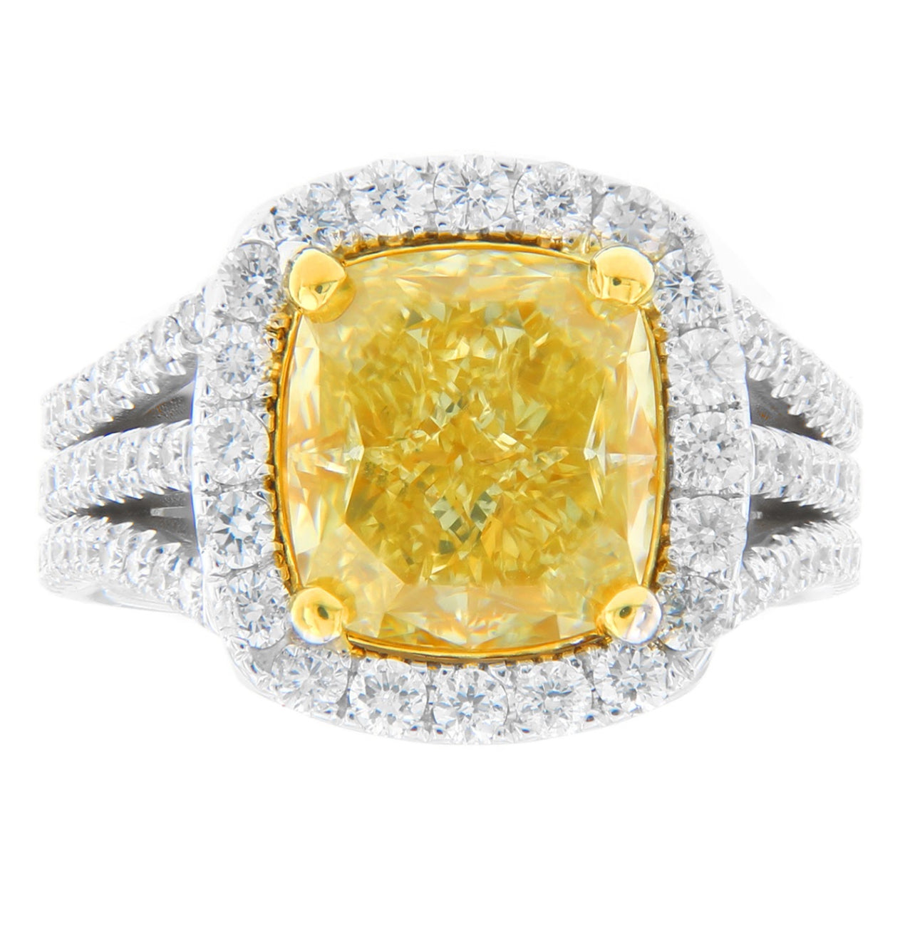 5.01CT ELONGATED CUSHION YELLOW DIAMOND RING GIA