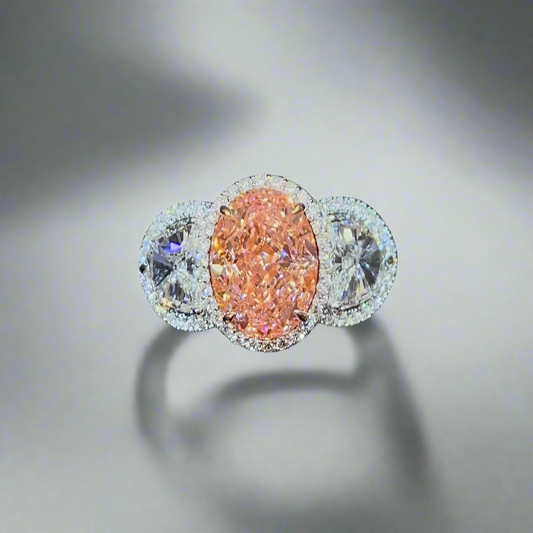 3.00CT VIVID PINK OVAL CUT DIAMOND DIAMOND 3 STONE RING