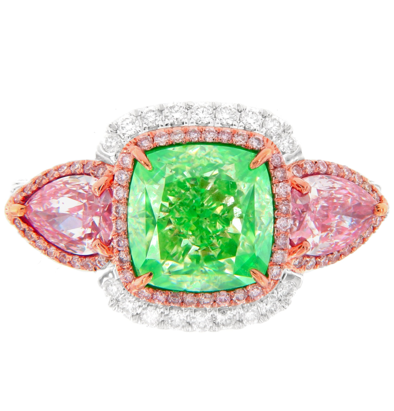 3.03CT GREEN CUSHION DIAMOND RING GIA