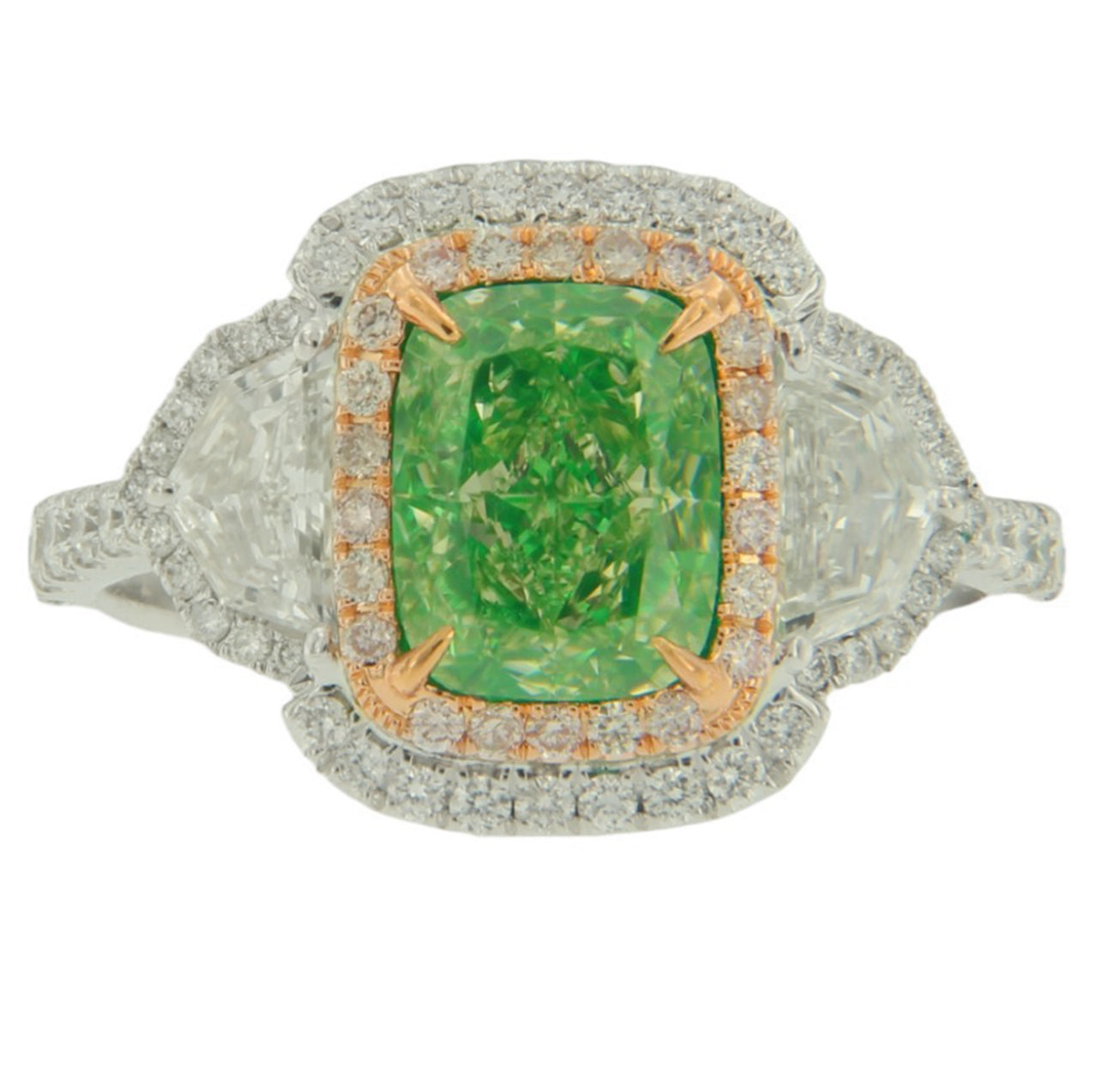 2.01CT ELONGATED CUSHION GREEN DIAMOND RING GIA