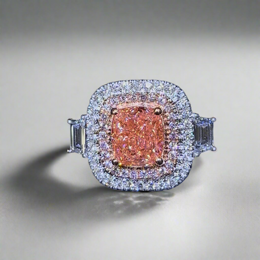 3.50CT VIVID PINK ELONGATED CUSHION CUT DIAMOND 3 STONE RING