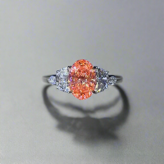 3.00CT VIVID PINK OVAL CUT DIAMOND 3 STONE RING