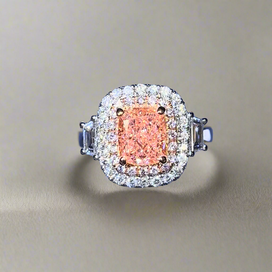 2.50CT VIVID PINK ELONGATED CUSHION CUT DIAMOND 3 STONE RING