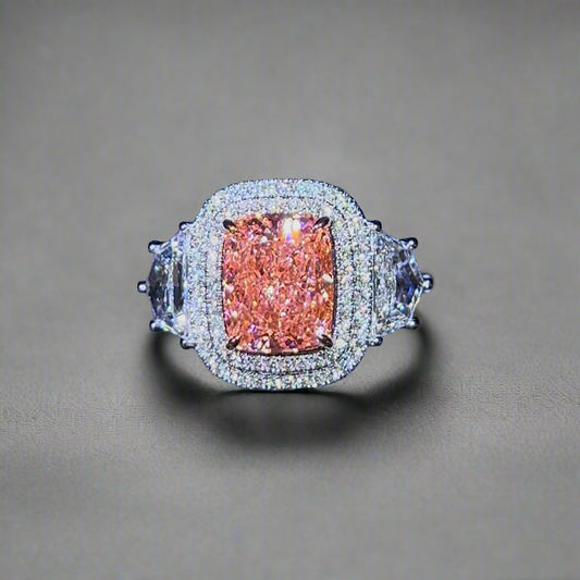 3.50CT VIVID PINK ELONGATED CUSHION CUT DIAMOND 3 STONE RING