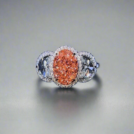 3.00CT VIVID PINK OVAL CUT DIAMOND 3 STONE RING