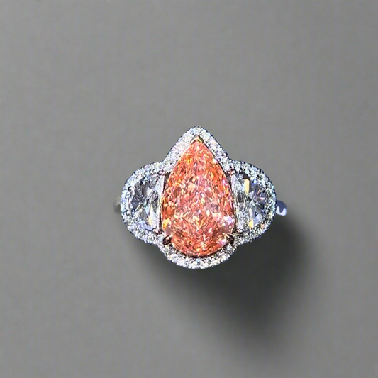 3.00CT VIVID PINK PEAR CUT DIAMOND 3 STONE RING