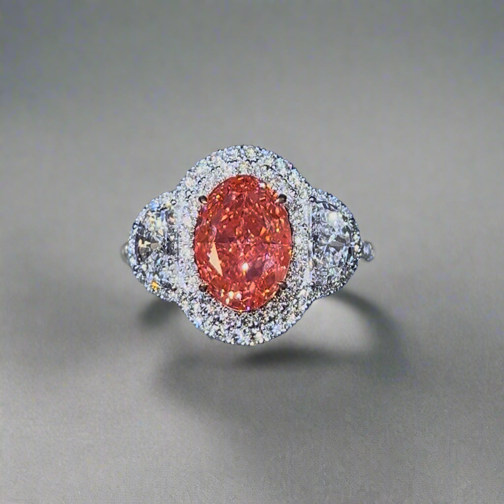 3.00CT VIVID PINK OVAL CUT DIAMOND 3 STONE RING