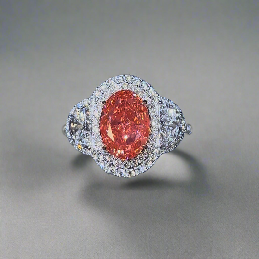 3.00CT VIVID PINK OVAL CUT DIAMOND 3 STONE RING