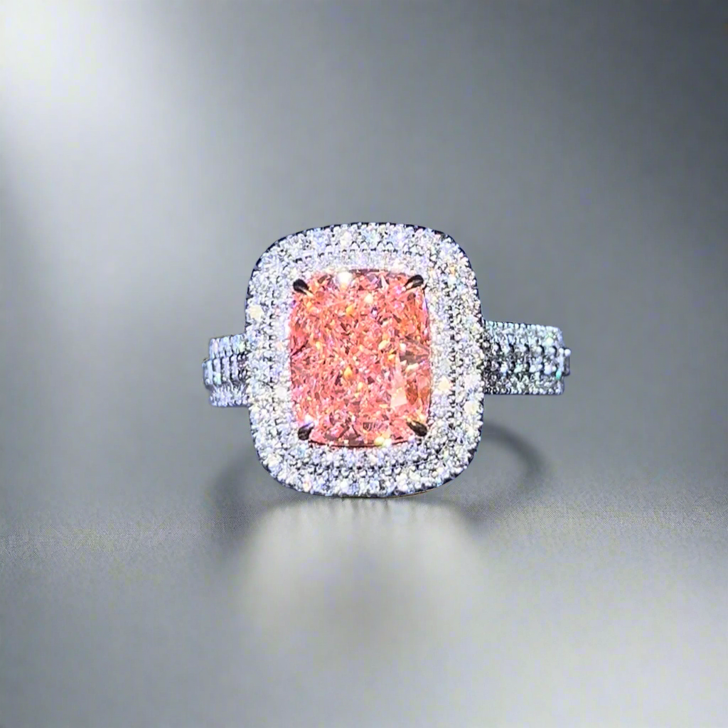 3.00CT VIVID PINK ELONGATED CUSHION CUT DIAMOND HALO RING